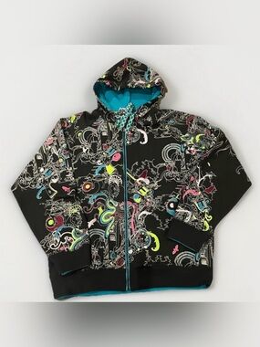 Artful Dodger RARE Embroidered Hoodie All Over Print Zip Up XL made in MACAU
